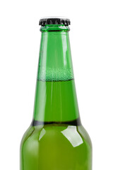 Closeup green glass bottle of beer or soft drink isolated on white