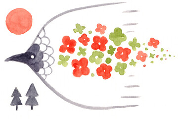 太陽と花まき鳥