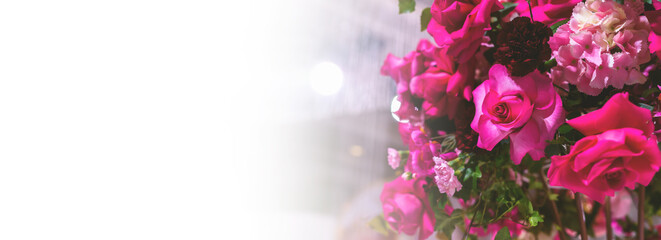 Wedding flower arrangements and decorations. Empty copyspace with white background and space for text. Holiday accessories and backgrounds