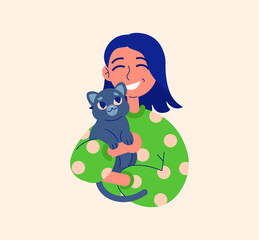 Girl hold gray cat and smile. Flat, line, vector illustration, character