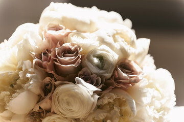 Bridal bouquet on the wedding day. Copy space for text. Floral decorations and backgrounds for holiday cards and invitations.