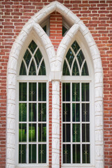 Architectural detail of the MIddle Palace or Opera House at Tsaritsyno Estate of queen Catherine the Great in Moscow, Russia. Tsaritsyno is a palace museum and park reserve. Travel and architecture.