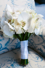 Bridal bouquet on the wedding day. Copy space for text. Floral decorations and backgrounds for holiday cards and invitations.