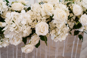 Wedding flower arrangement and decoration. Empty copyspace and space for text. Holiday accessories and backgrounds