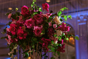 Wedding flower arrangement and decoration. Empty copyspace and space for text. Holiday accessories and backgrounds