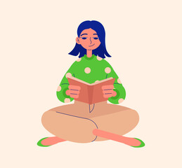 Girl sitting and reading book. Flat, line, vector illustration, character