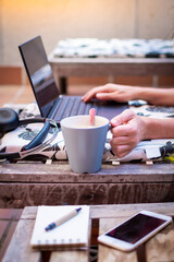 Woman freelancer, travel blogger works on a laptop. sitting on a lounger in the garden