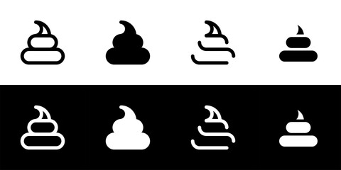 Poop icon set. Flat design icon collection isolated on black and white background.