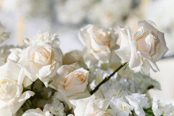 Wedding flower arrangement and decoration. Empty copyspace and space for text. Holiday accessories and backgrounds