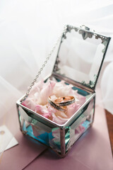 Elegant wedding accessories of an attractive bride. Wedding rings, shoes, bridal bouquet, floral arrangements, veil. Copy space for text. Background for greeting card or invitation. © ANR Production