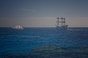 Luxury yacht in the Red Sea against the blue sky of the unique Ras Mohammed.