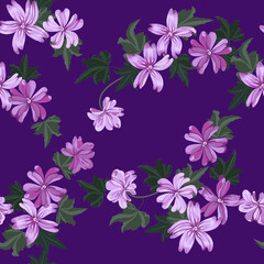 Fototapeta na wymiar Simple cute pattern in small beauteous flower of mallow. Liberty style. Floral seamless background for textile or book covers, manufacturing, wallpapers, print, gift wrap and scrapbooking.
