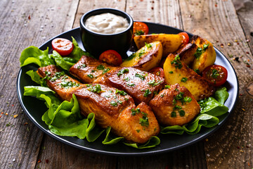 Fried salmon steak with potatoes and vegetables served on black plate on wooden table
