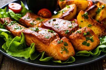 Fried salmon steak with potatoes and vegetables served on black plate on wooden table