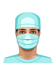 Generalized image of a male doctor in a face mask. Isolated on a white background.