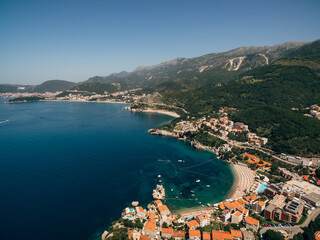 Przno Beach in Montenegro. Aerial dron shot.