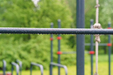 Photography of empty sports ground in summer day. Nobody because coronavirus pandemic in the rainy Moscow.