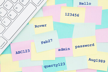 Sticky notes with a bunch of the worst passwords