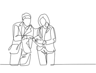 Fototapeta na wymiar One continuous line drawing of young happy male and female marketing manager discussing sales progress on tablet phone. Online business report concept. Single line draw design vector illustration