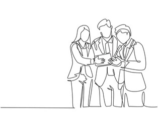 Single continuous line drawing of standing young male and female manager discussing company strategy to increase sales. Business marketing concept one line graphic draw design vector illustration