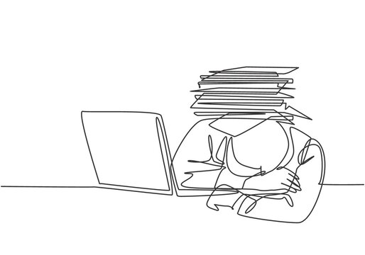 recommend clip art: Single continuous line drawing of young despair employee got crushed by pile of papers on his desk. Work overload pressure at the office concept. One line draw graphic design vector illustration