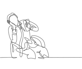 One single line drawing of young broken heart male worker crying on work chair while he was working. Business fatigue at the office concept continuous line draw design graphic vector illustration