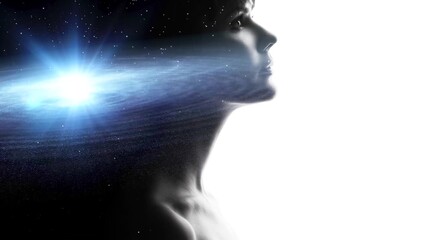 Profile of a woman with the galaxy as a brain. The scientific concept.