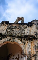 Low angle image of ruin closer view of a famosa Malacca Malaysia, a former Portuguese fortress. Tourist attraction . Blue sky in visibility.  Focus selective 