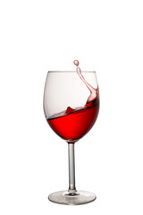 A splash of red wine in a glass on a white background. Healthy wine before dinner