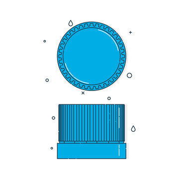 Color flat illustration with a bottle cap on a white background. Blue cover plastic cork. Isolated element. Line art design. Top and in profile view. Outline a single drink object