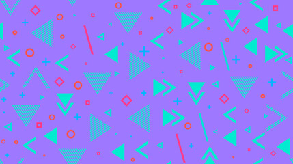 Vector seamless background, abstract geometry, memphis. Multi-colored rhombuses, triangles, pluses, circles, hyphens, perforations.