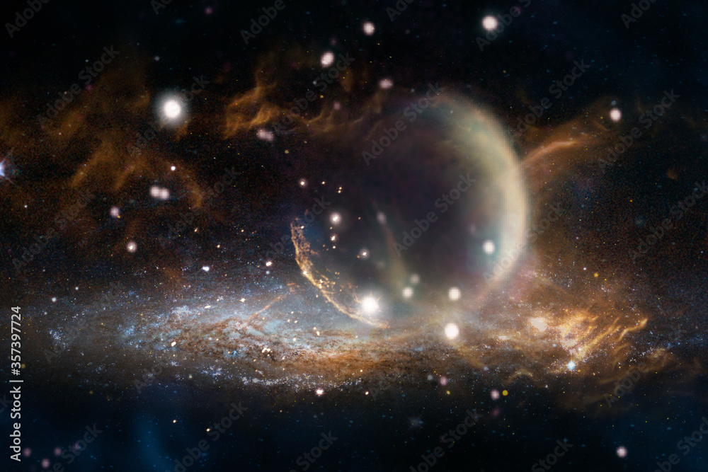 Wall mural planet in clubs of plasma fire clouds and lights in outer space. elements of this image furnished by