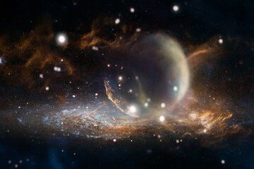 Planet in clubs of plasma fire clouds and lights in outer space. Elements of this image furnished...