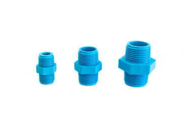 Blue PVC pipe set, separate on a white background, blue plastic water pipe, PVC accessories for plumbing work Plumber equipment Bend and connect the three-way plastic pipe to drain the waste water.