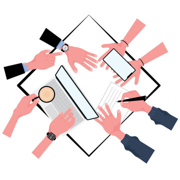 a picture of teamwork among coworker support each other until success after having a meeting and there are 4 hands some is working on computer and phone