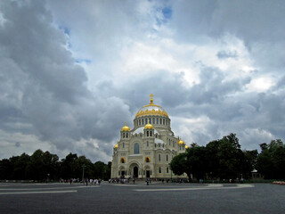 Panoramic view onto the Kronstadt Naval Cathedral, Kronstadt, Russia. Cloudy weather