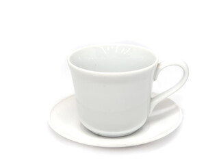 A multicolored coffee cup placed on a white plate and white background