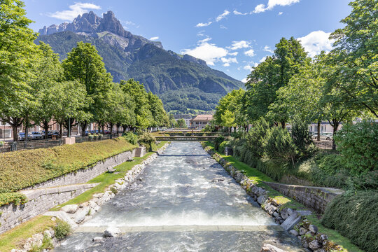 The river Sallanche flowing through the pretty French Alpine town of Sallanches