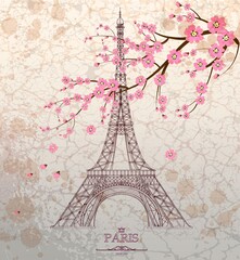 Fototapeta na wymiar Vintage vector illustration of Eiffel tower on grunge background