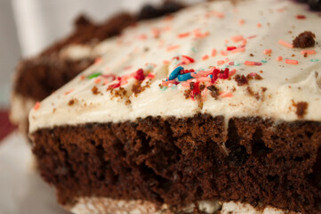 Sponge cake with cream on a white plate.