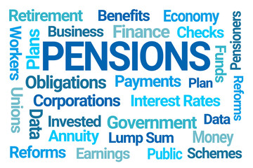 Blue Pensions Word Cloud on White Background