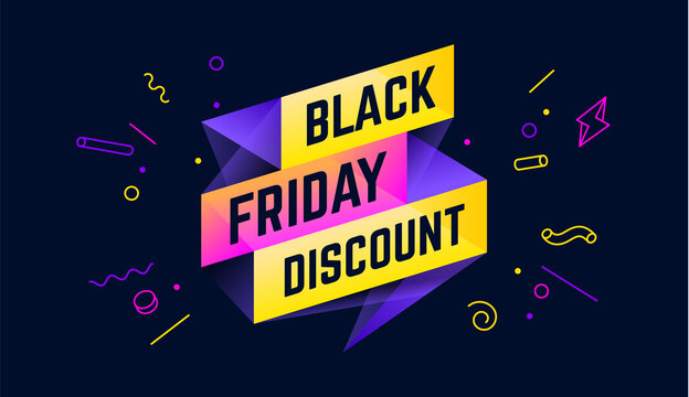 Black Friday Discount. 3d sale banner with text Black Friday Discount for emotion, motivation. Modern 3d colorful template on black backdrop. Design elements for sale, discount. Vector Illustration