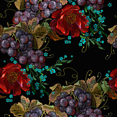Red roses flowers and cluster of grapes. Autumn harvest art. Embroidery seamless pattern. Template fashionable clothes, t-shirt design, print, renaissance style