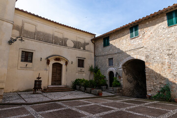 Fototapeta na wymiar atrium inside the village with church and youth hostel