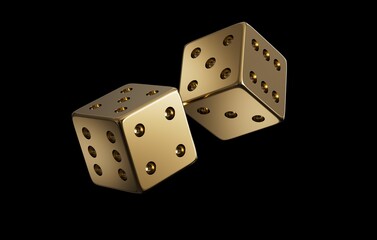 Dices made of gold are flying in the air on a black background. Luxury item.  Realistic 3D rendering. CGI Illustration