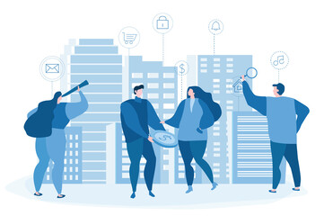 Concept Smart city for web page, banner, presentation, social media. Intelligent building isometric vector, Smart building, buildingб system of intelligent, Big Data, Analytics