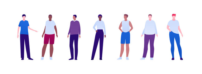 Casual people diversity concept collection. Vector flat character illustration set. Man group with different body weight and ethnic. African, caucasian, hispanic. Design element for avatar, banner