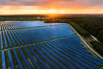 Solar powewr farm at sunset