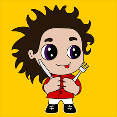 emoji with drooling hungry guy that is ready to eat & sticking his tongue out with fork and knife in his hands, simple colored emoticon