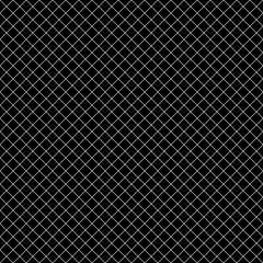 Seamless surface pattern with mini diamond ornament. White diagonal stripes grill on black background. Grid motif. Crossed lines wallpaper. Checkered image. Digital paper for print. Rhombuses vector.